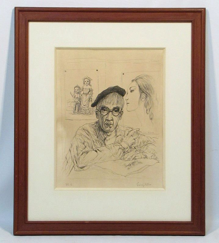藤田嗣治、【Vue de Cagnes】、希少な額装用画集より、厳選、新品額装 藤田嗣治 「自画像（魅せられし河より）」 額装4号 HC版 直筆サイン