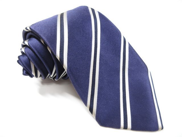 ■HH【ルイジボレッリ LUIGI BORRELLI】 レジメン柄 シルクネクタイ (メンズ) ややパープルみのあるネイビー系 イタリア製 ◇15MM3495◇