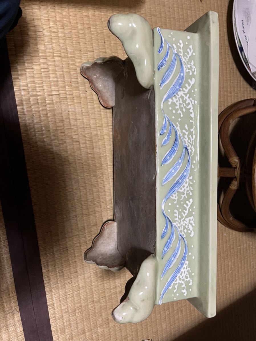 古伊万里 青磁 水盤 鳥に波 46.7×27×16 古伊万里 染付
