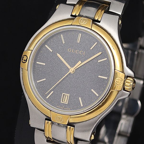 良品 稼働 グッチ 9040M QZ デイト ブラック文字盤 メンズ腕時計