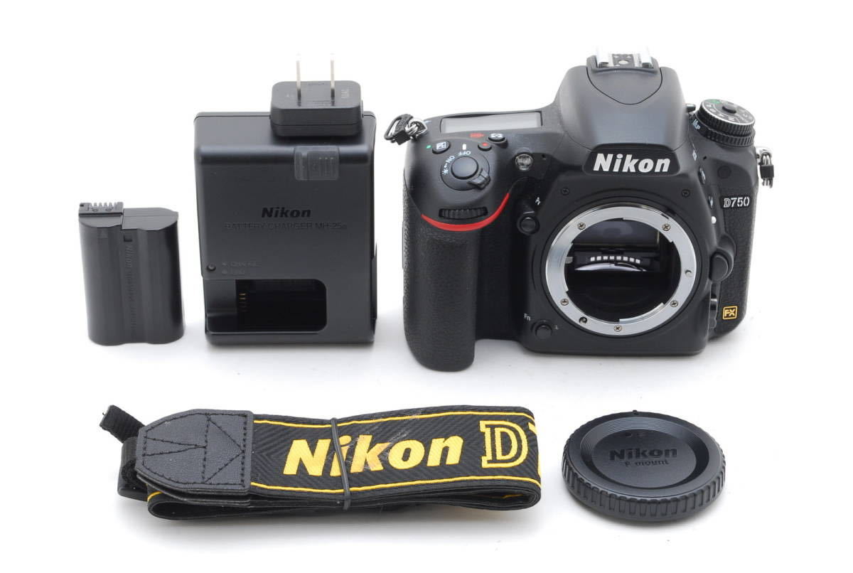1円～【S数僅少】1904回 Nikon D750 ボディ 動作も写りもOK 概ねキレイ ボディキャップ、ストラップ、純正バッテリー、純正充電器付き 