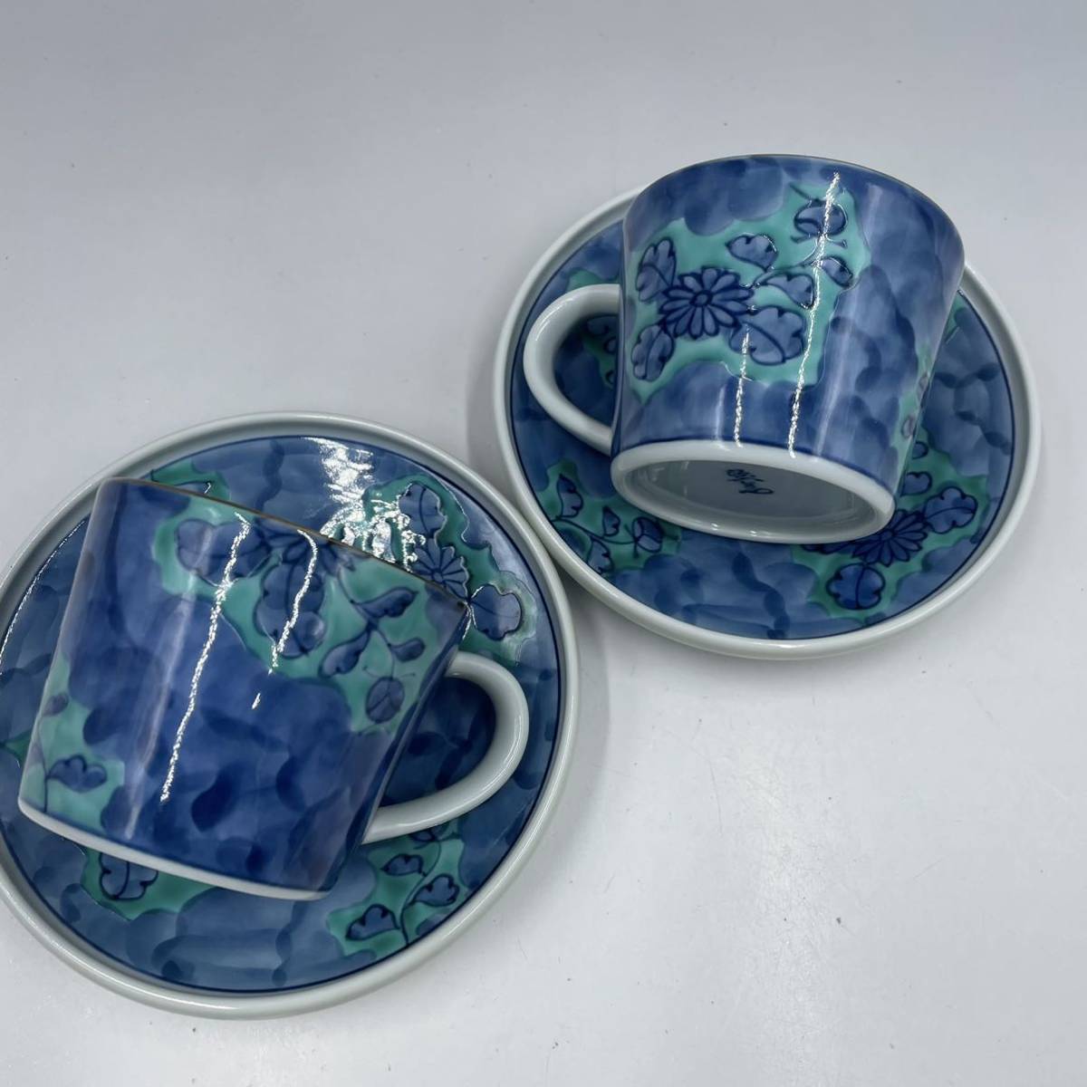 DD4 源右衛門 青彩菊絵 カップ&ソーサー 二客 コーヒーカップ デミタス