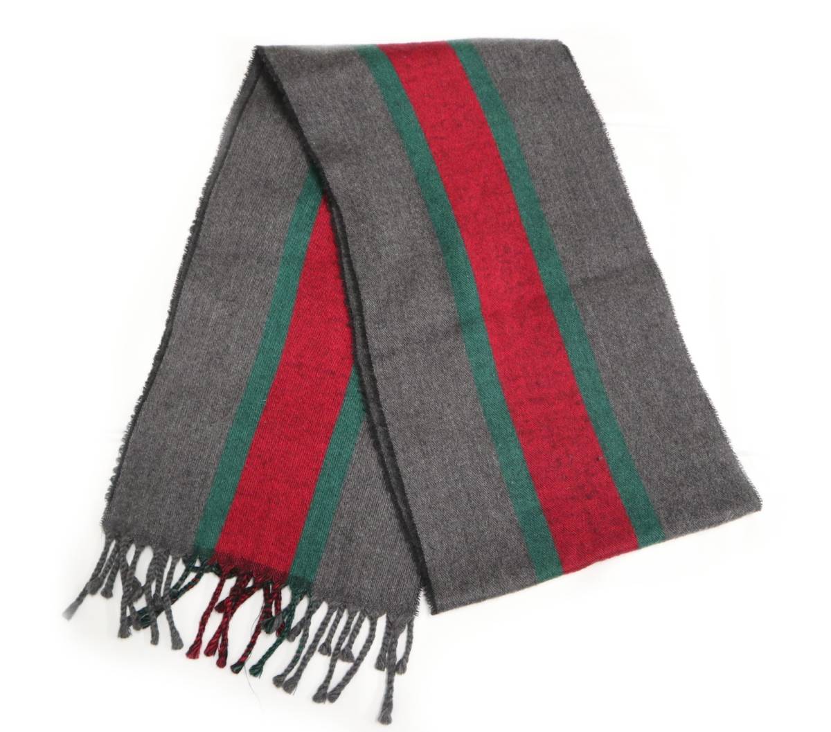 ★GUCCI グッチ 319956 4G200 シェリーライン リバーシブル フリンジ ウール ストール マフラー グレー系