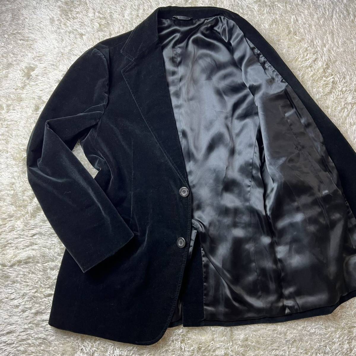 C16 美品【定価8万程】ARMANI COLLEZIONI アルマーニ コレツィオーニ テーラードジャケット 52 ★希少XL★ベロア 国内正規 黒 メンズ 総柄