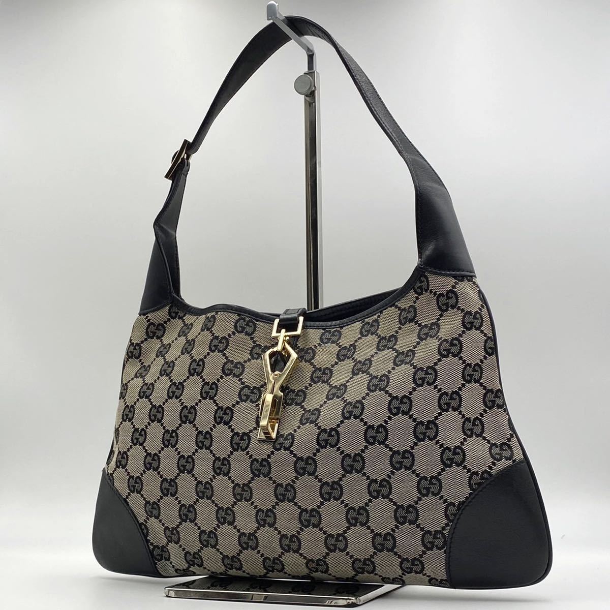 限定セール，最新作 1円 極上 GUCCI グッチ ハンドバッグ ショルダーバッグ ワンショルダー 肩掛け GG キャンバス レザー 黒 ブラック ジャッキー(ジャッキーライン)｜売買されたオークション情報、yahooの商品情報 かばん、バッグ