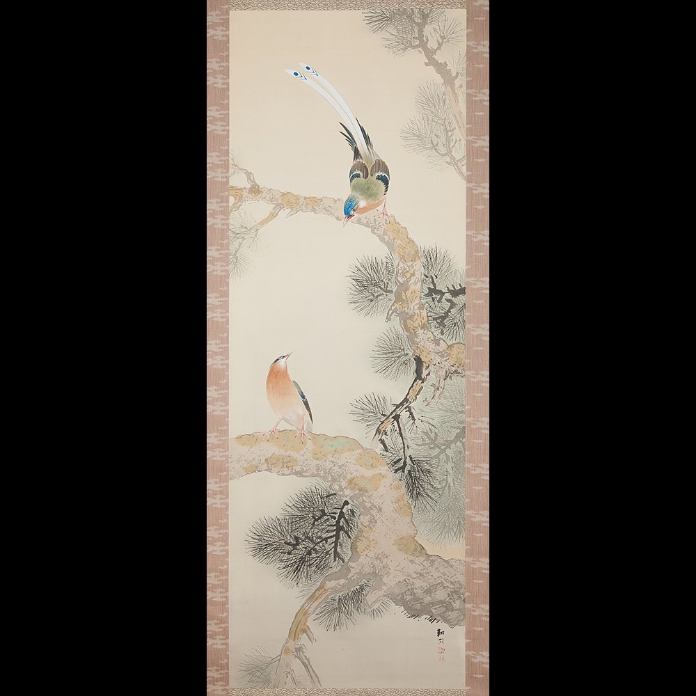 柿に鳥(実の秋)図永田春水 2663 カキ 共箱 掛け軸 肉筆 柿に鳥