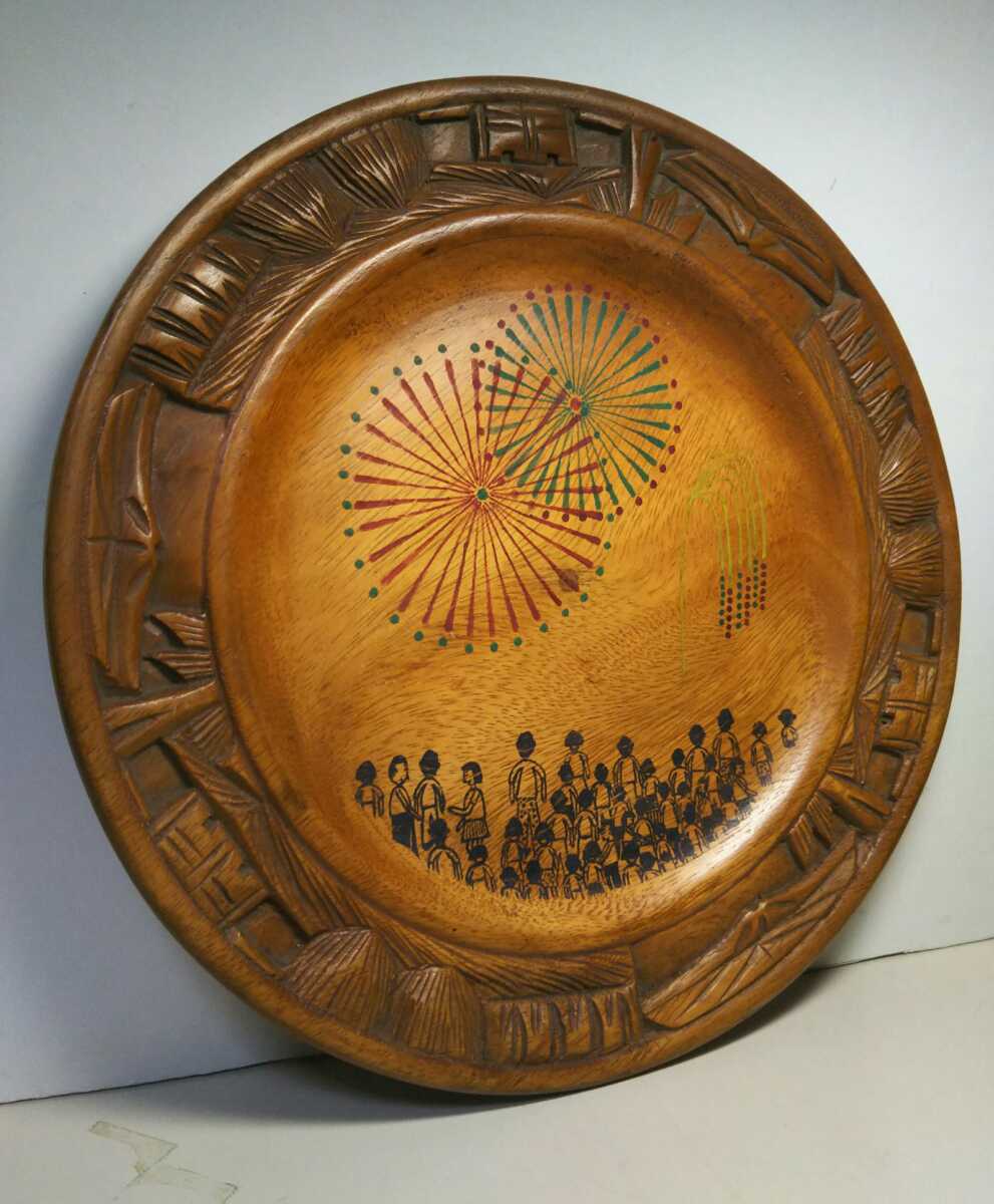 【売切り！唯一無二の希少作品／再出品】山下清 彩色ペン画「花火」木盆 未鑑定 模写 コレクター蔵出 日本のゴッホ 裸の大将 昭和レトロ