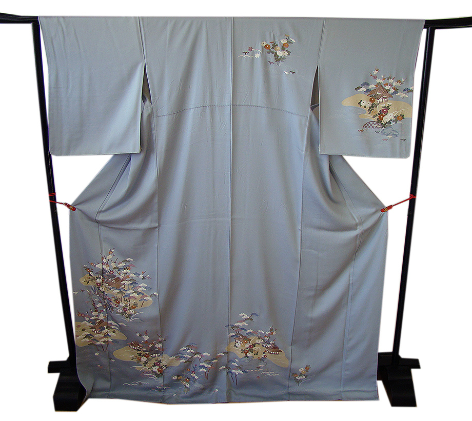 時代屋 裄69.4ｃｍ ロング寸 極上綸子地 茶屋辻柄 総刺繍 附下げ 訪問着 正絹 仕立上り 袷 共八掛 160ｃｍ～168ｃｍ H193