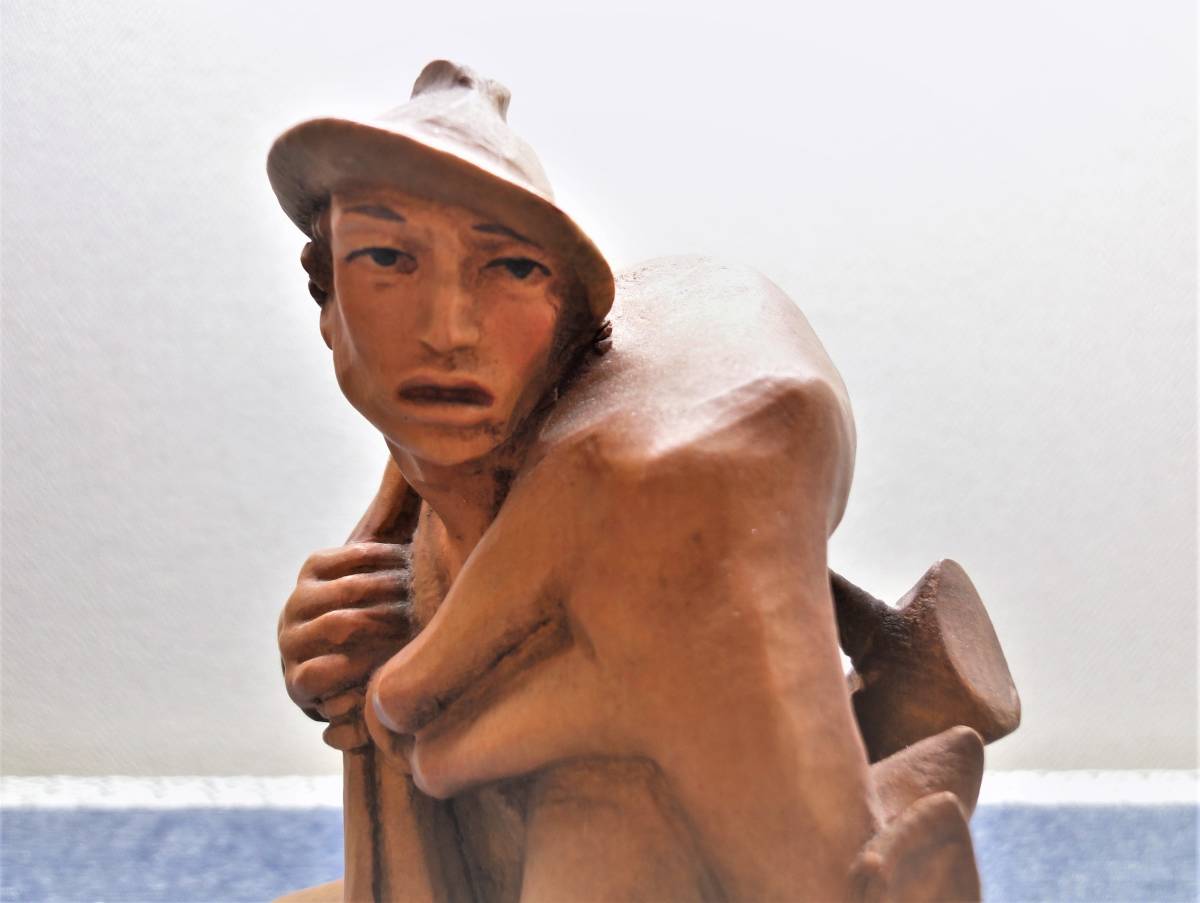 イタリア 古品 アンリ ANRI 木彫り人形 狩人 鹿 猟師 置物、 WOOD