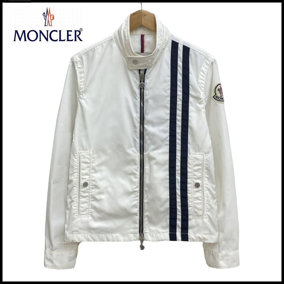【驚きの破格値，100%新品】 MONCLER モンクレール ロゴ ワッペン 刺繍 ライン 切替 シングル ライダース レーシング ジップ ジャケット ブルゾン ホワイト 白 2(男性用)｜売買されたオークション情報、yahooの商品情報をア 男性用