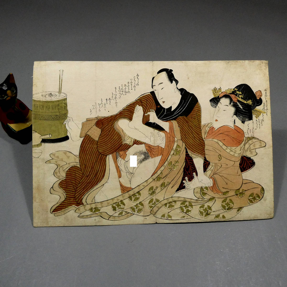 春画　木彫り春画　　木枠付き 歌麿系◇江戸時代 木版春画 浮世絵◇「とんだむりなことばかりいふ子だ