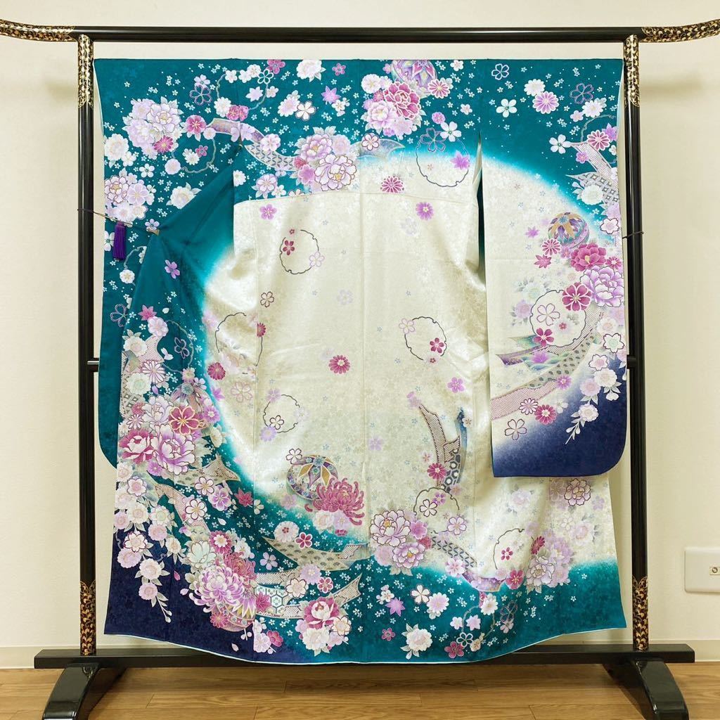振袖フルセット(7点) 成人式 桜柄・銀通し地・金駒刺繍・刺繍
