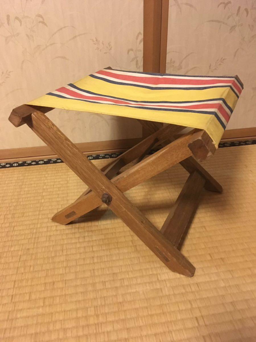 ビンテージ 折りたたみスツール レトロストライプ風 キャンプ アルミコンテナ クーラーボックス台に 木製 ウッドチェア 折り畳み椅子