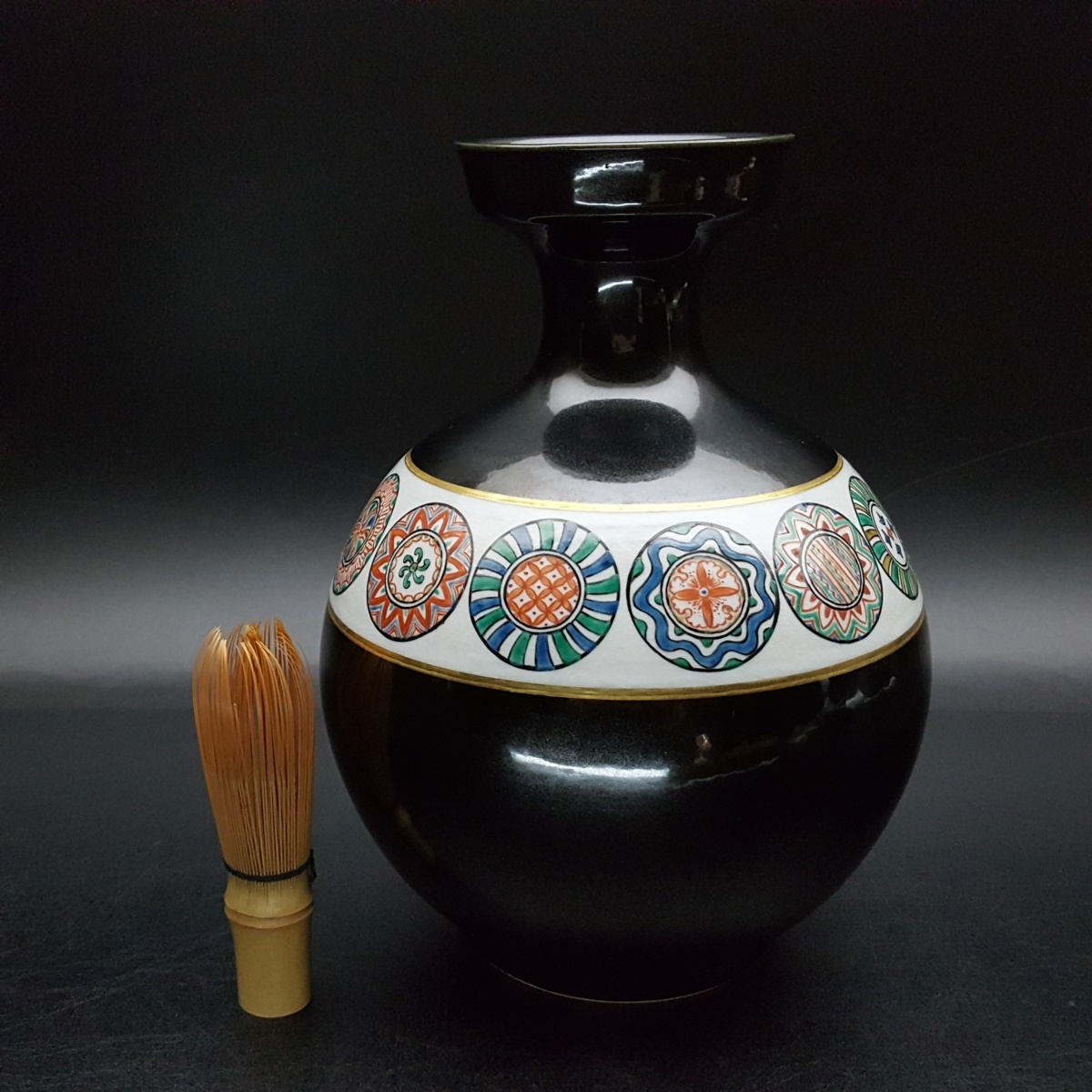 宝蔵】九谷秋塘陶園 螢窯 中村翠恒 色絵丸文壺 花器花瓶