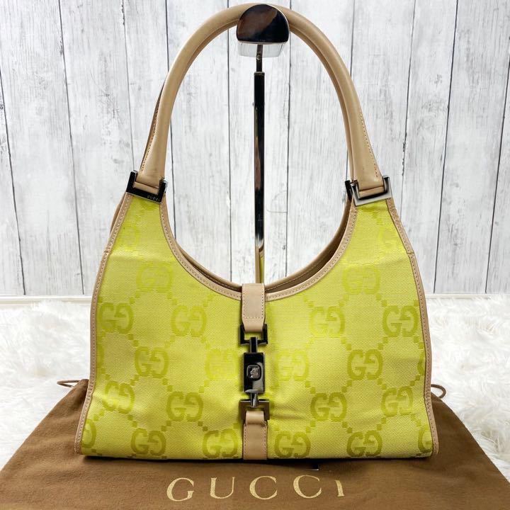1円【極希少】GUCCI グッチ ジャンボGG ハンドバッグ ショルダー ジャッキー 希少色 激レア イエロー キャンバス レザー シルバー金具