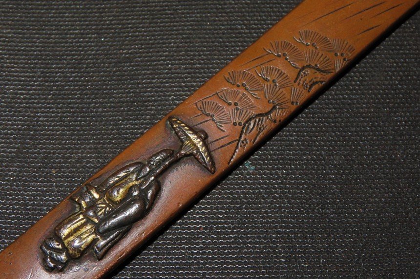 △▽人物図小柄 江戸 素銅、渡金、毛彫 9.7×1.4cm 30g