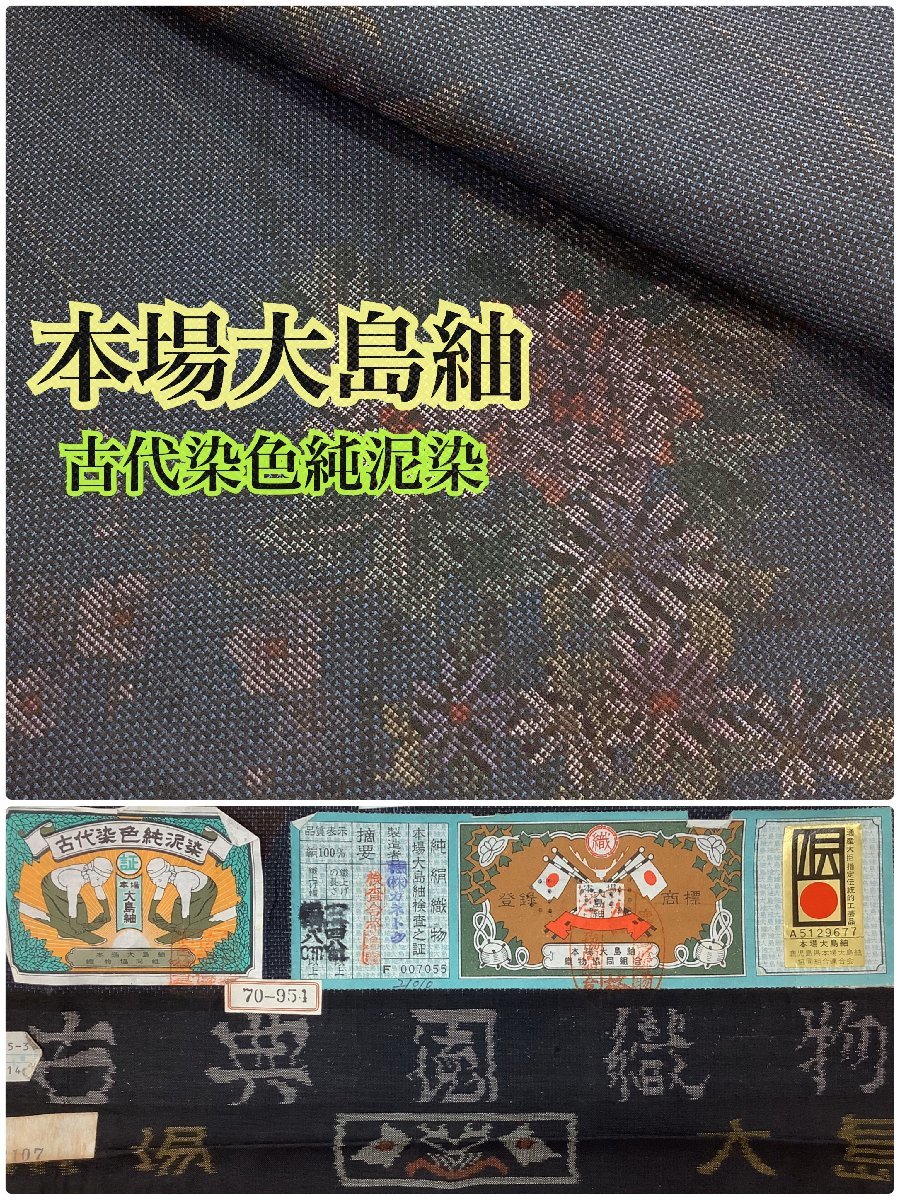 きものcocon☆本場大島紬☆証紙有り/正絹/紺系/身丈161/裄67.5【12-7