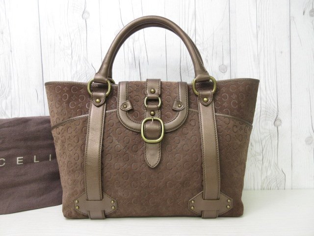 極美品 CELINE セリーヌ Ｃマカダム柄 ハンドバッグ トートバッグ バッグ スエード×レザー 茶×ブロンズ A4収納可 56109k