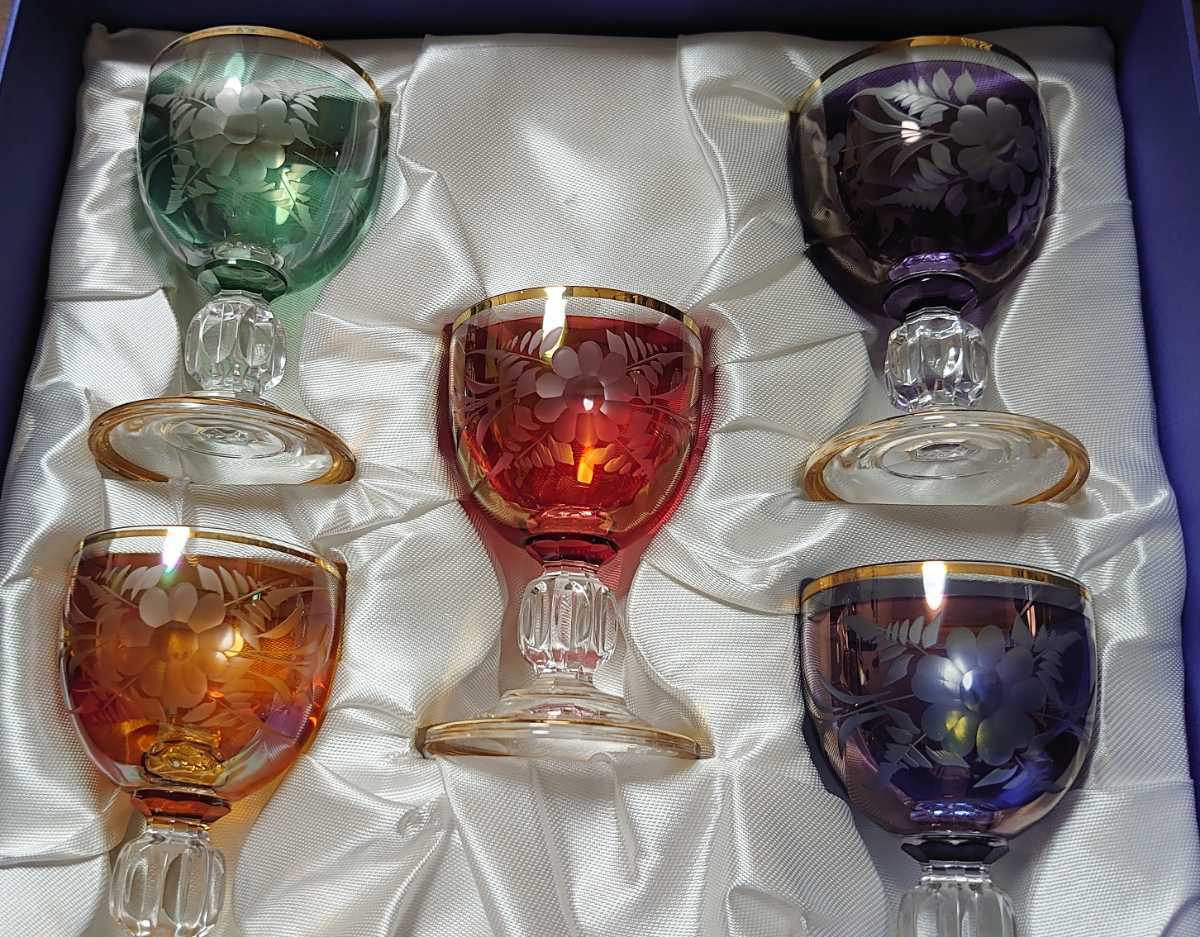美品BOHEMIA GLASSボヘミアグラス5客カラフル冷酒グラスショットグラスLASKA箱付きチェコ_2