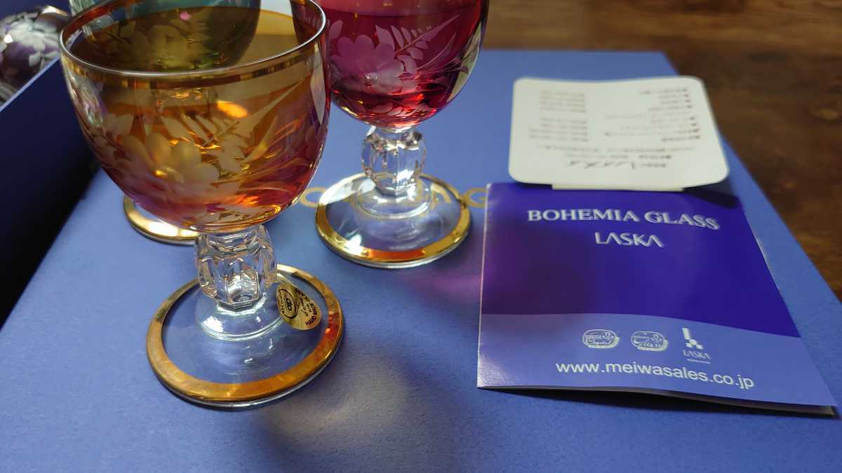 美品BOHEMIA GLASSボヘミアグラス5客カラフル冷酒グラスショットグラスLASKA箱付きチェコ_3