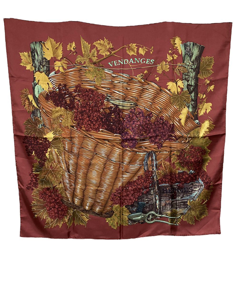 エルメス カレ90 スカーフ フランス製 Vendanges ぶどう収穫 シルク