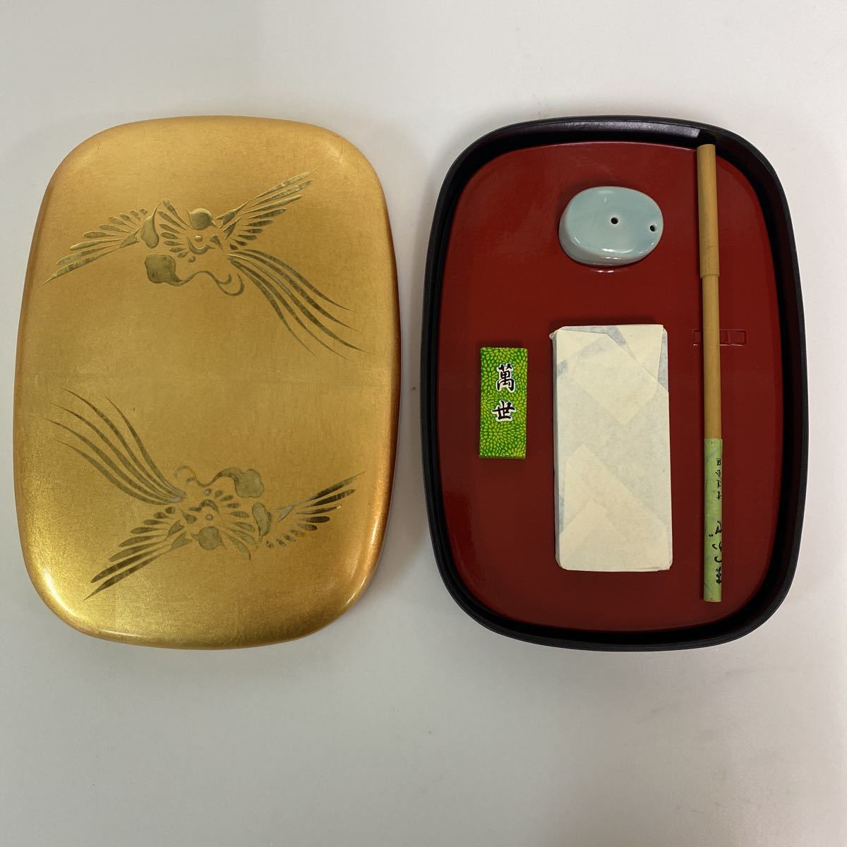 202 未使用 伝統工芸 工芸美術 純金 金箔工芸 金沢 箔一 蓋付 硯セット