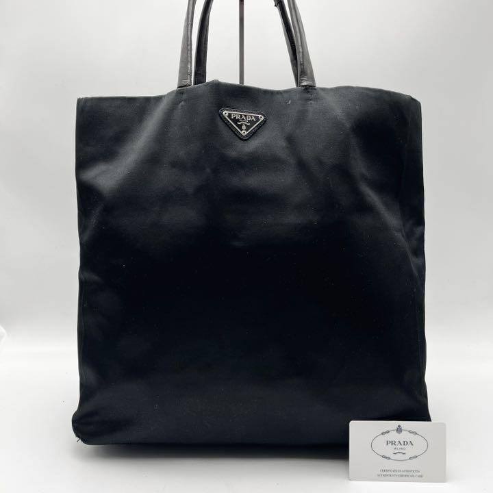 人気 PRADA プラダ ナイロン トート 三角ロゴ 白タグ 黒 ブラック