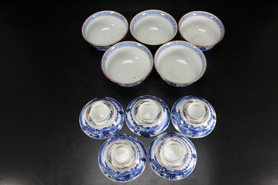 金閣】中国美術 倣古 青花 山水人物紋 蓋碗 祥瑞 五件 φ10.5cm 旧家蔵出(