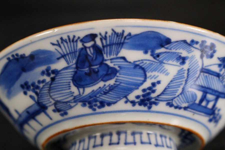 金閣】中国美術 倣古 青花 山水人物紋 蓋碗 祥瑞 五件 φ10.5cm 旧家蔵出(