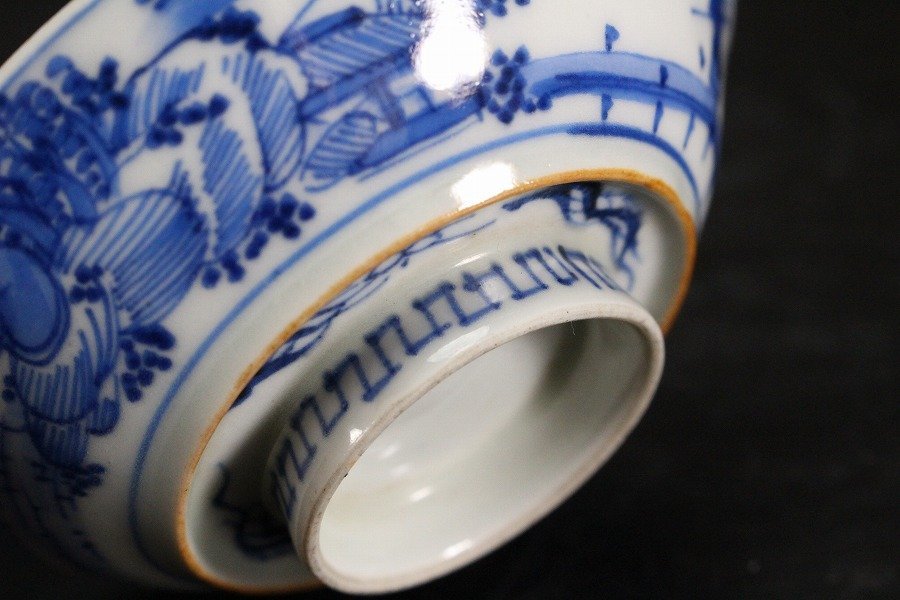 金閣】中国美術 倣古 青花 山水人物紋 蓋碗 祥瑞 五件 φ10.5cm 旧家蔵出(