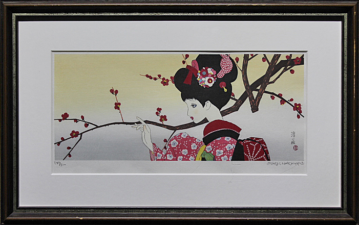 中原淳一 木版画 美品 叙情美少女画「梅の頃」多色摺木版画 中原蒼二