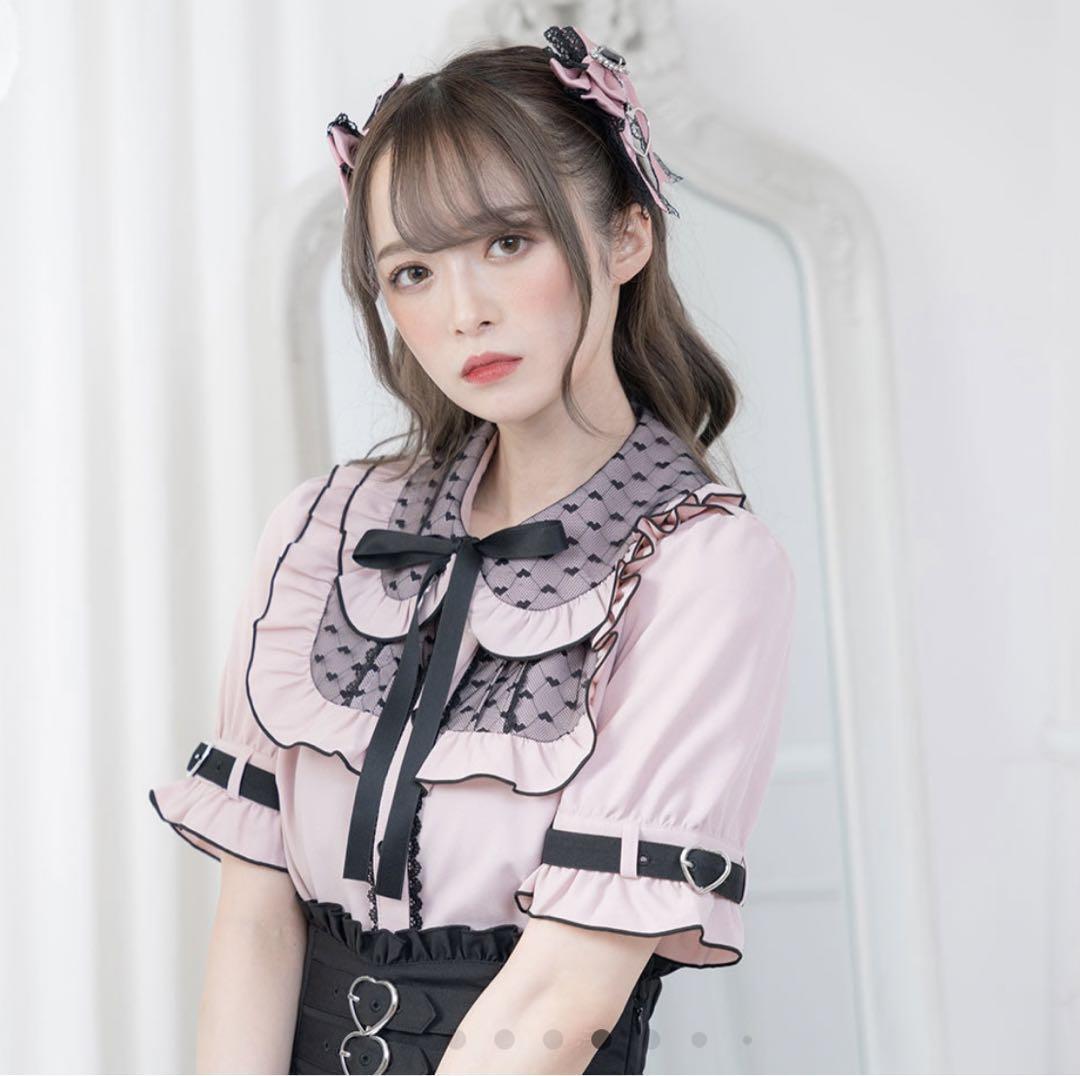 ★USED★DearMyLove 胸元ハートチュールレースフリル仕様＆ハートボタン・リボン付き×ピンク☆半袖・ブラウス 【３Ｌ】