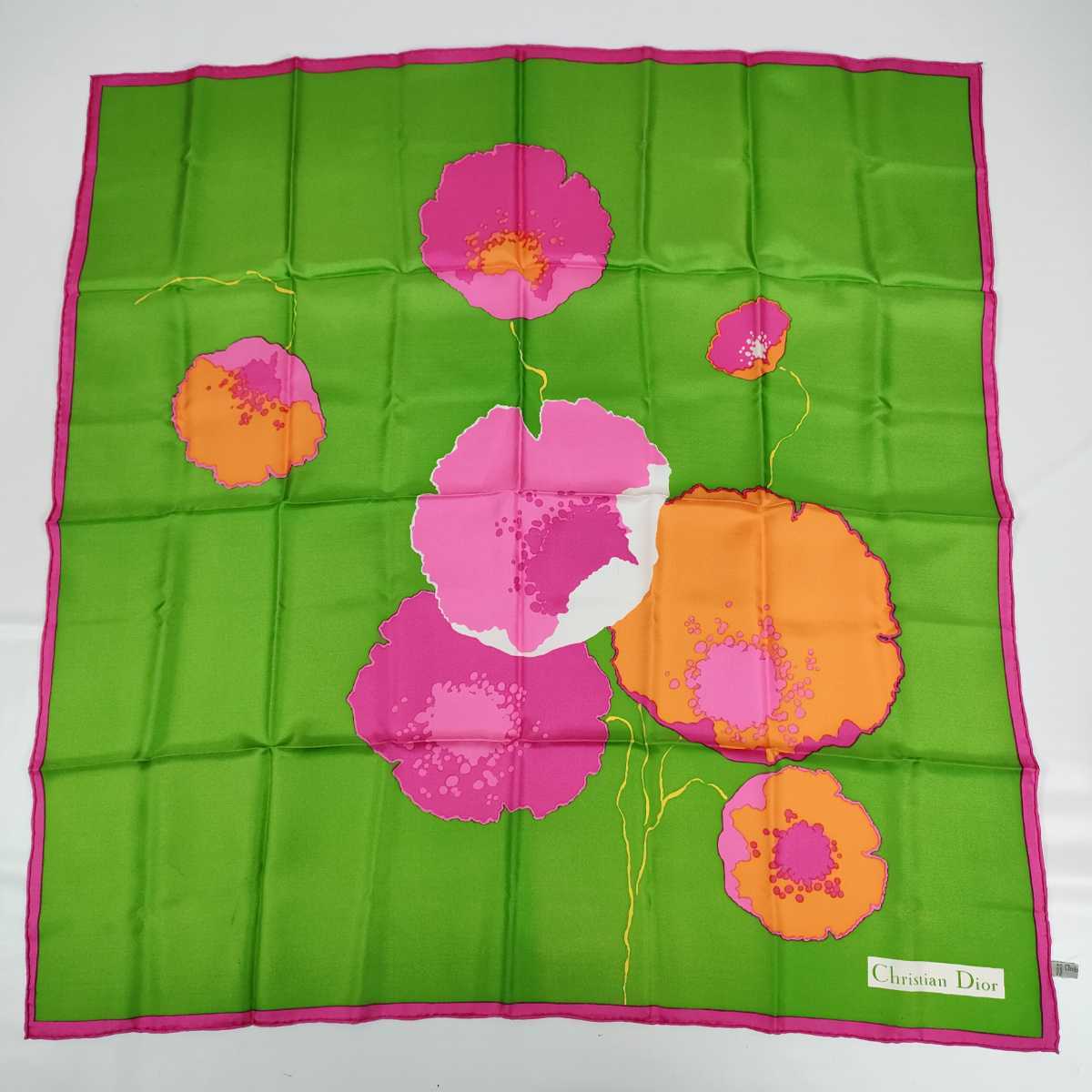 Christian Dior 花柄 クリスチャンディオール シルクスカーフ 大判スカーフ フランス製　グリーン　ピンク