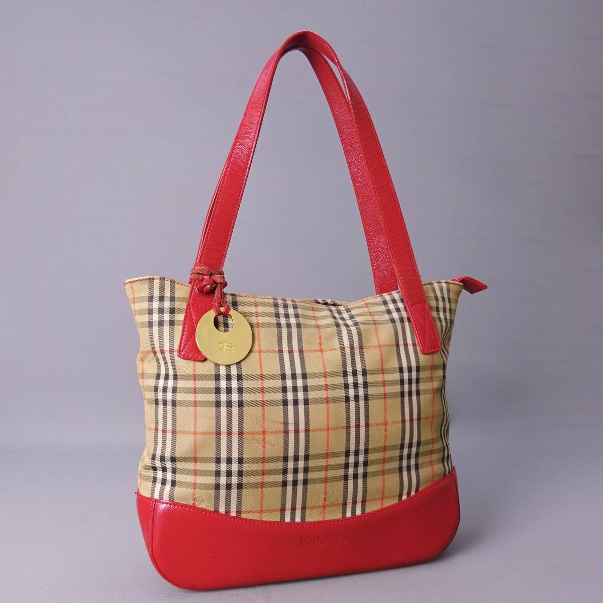 本物■バーバリー■ベージュノバチェックキャンバス/レッドレザー■ショルダートートバッグ/ハンドバッグ/619853