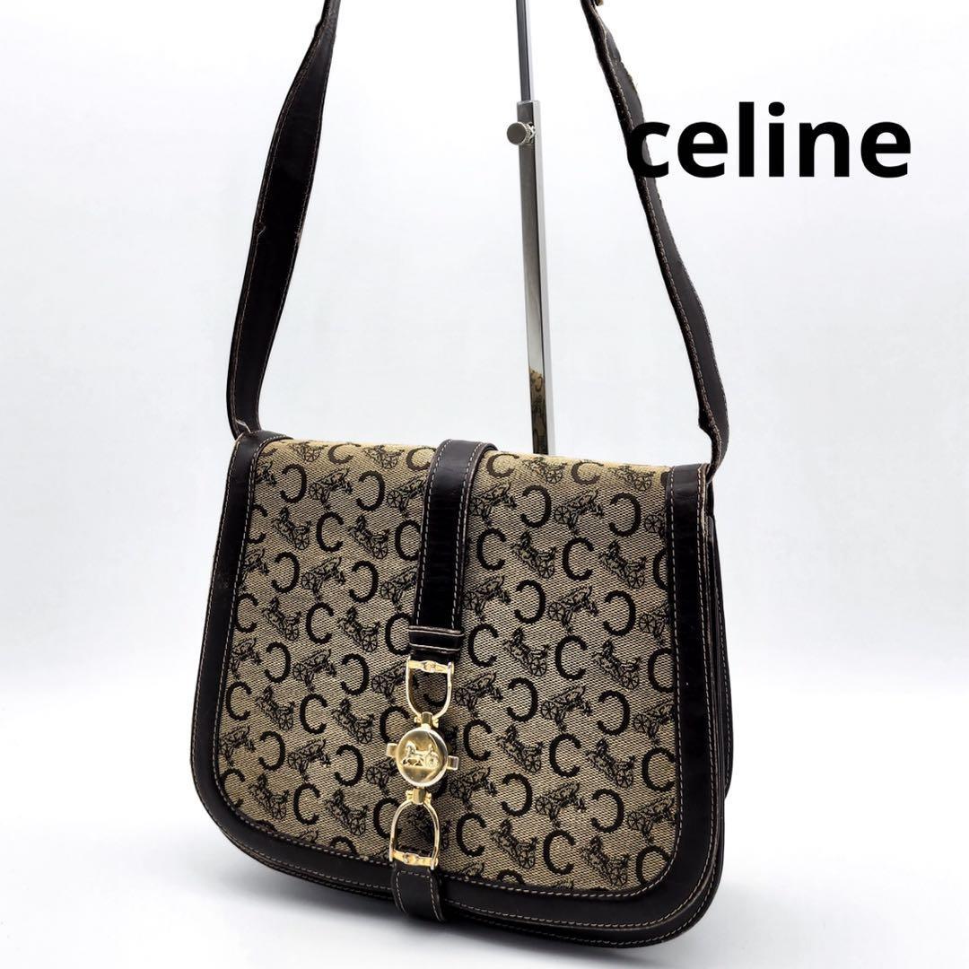 希少デザイン　セリーヌ 馬車柄モノトーン　S CELINE 馬車柄 ショルダーバッグ キャンバス レザー セリーヌ