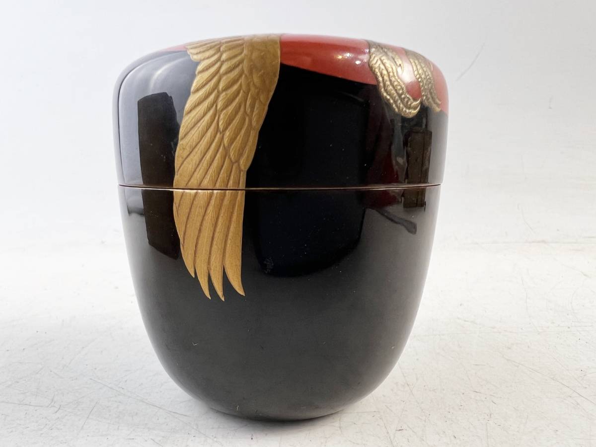 棗■松 鶴の絵 蓬莱山 蒔絵 秀穂作 朱塗 漆器 お茶道具 時代物 骨董品■ 時代物 中棗 茶道具 日乃出鶴蒔絵 古美術 骨董 漆芸 保証品 1円