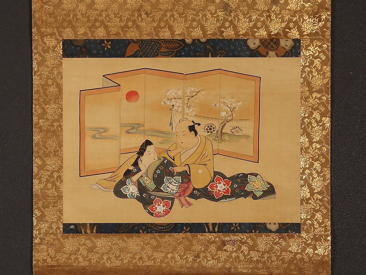 【模写】【1円開始】【伝来】us8401〈菱川師房〉浮世絵 男女憩い図 吉田瑛二極書 二重箱 菱川師宣の子 浮世絵師