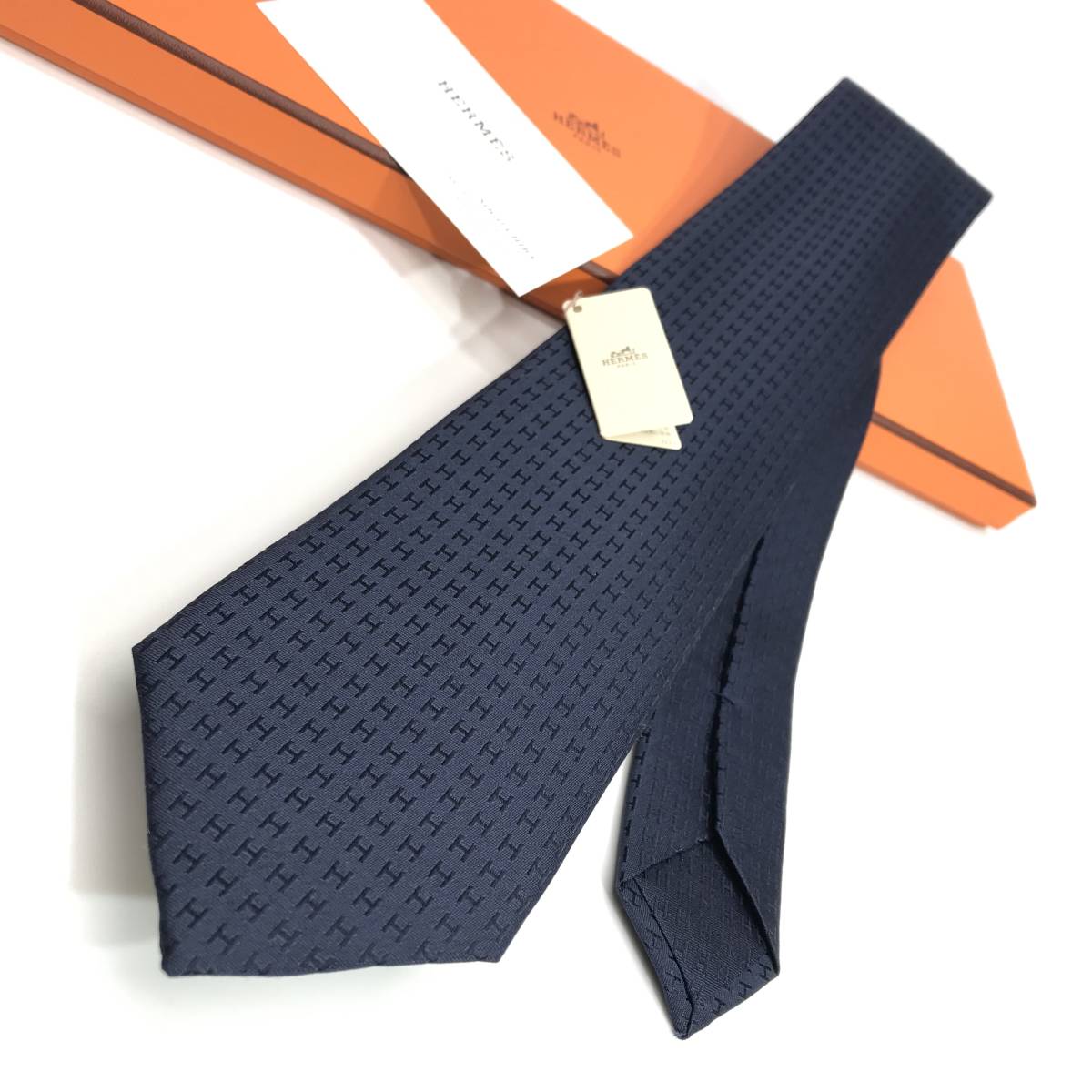 未使用 箱付き エルメス ネクタイ H柄 ファソネ オレンジ 黒