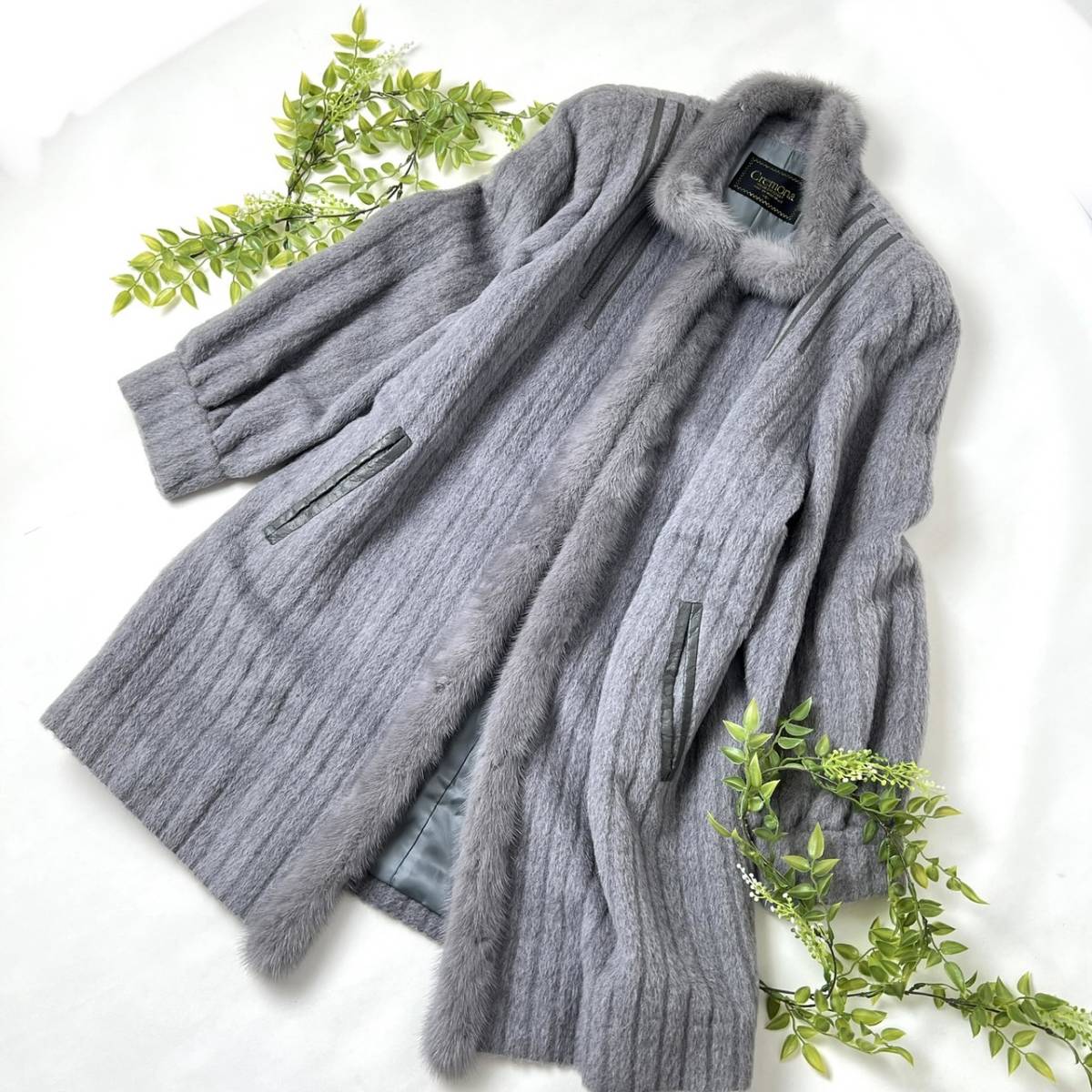 221215　希少品！アルパカ75% ミンクファー　ふわふわロングコート　極暖　ストライプ　Cremona レディース　ブルーグレー　リアルファー