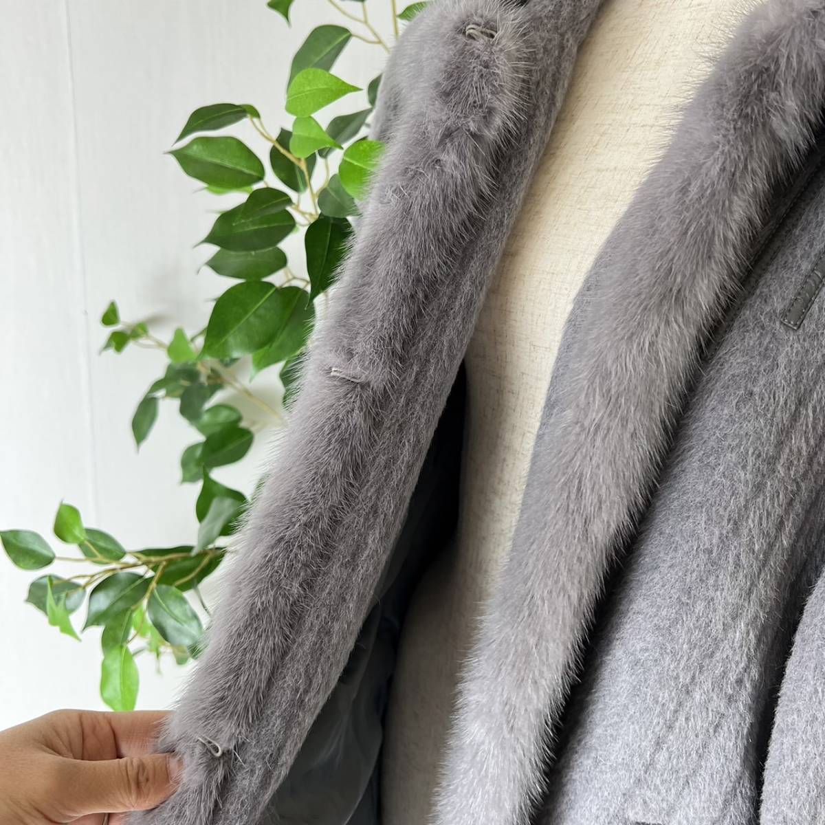 221215　希少品！アルパカ75% ミンクファー　ふわふわロングコート　極暖　ストライプ　Cremona レディース　ブルーグレー　リアルファー