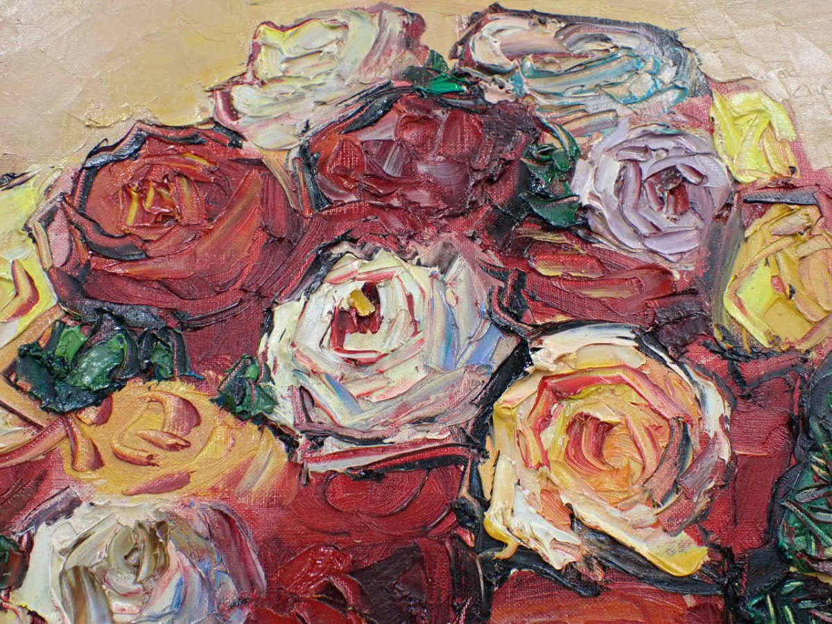 山本仁吉「バラ」油絵・色紙6号 ☆『真作』 新世紀美術会 山本仁吉 「