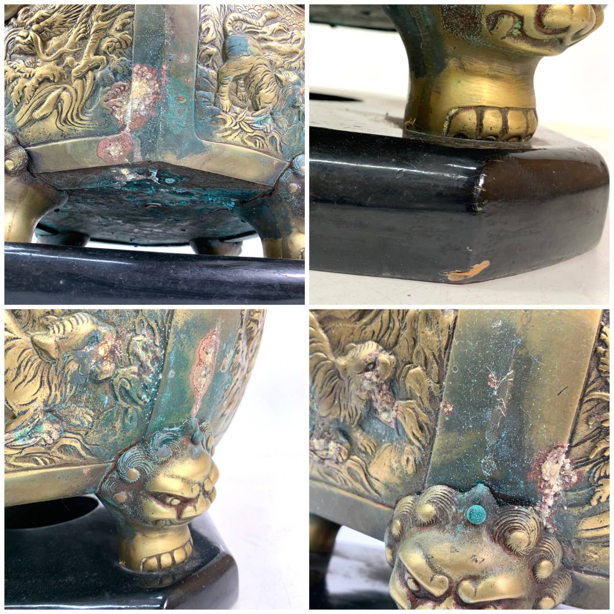 時代 真鍮製【八角宣徳火鉢】豪華迫力細密細工 鳳凰龍虎唐獅子 獣耳獣