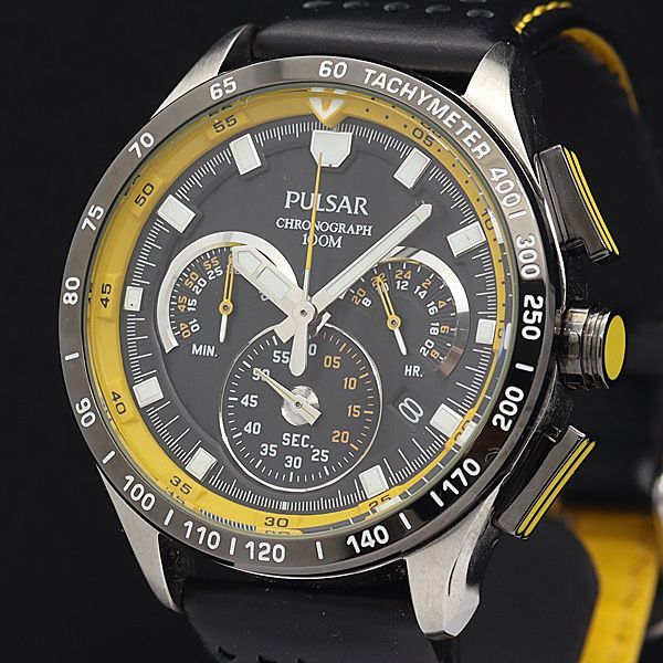 1円 稼働 良品 セイコー QZ VK63-X0001 パルサー クロノグラフ デイト 100M 黒文字盤 メンズ腕時計 XYZ1013000▽