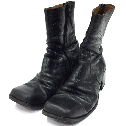 ジョンローレンスサリバン サイズ 8 クロコ型押し チャンキーヒール ブーツ スクエアトゥ メンズ ショートブーツ 黒