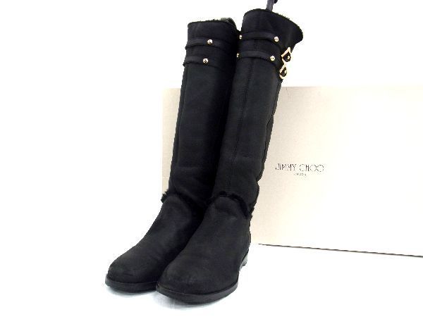 1円 JIMMY CHOO ジミーチュウ ムートン ロングブーツ 表記サイズ37 1/2 (約24.5cm) 靴 レディース ブラック系 AG6005コk