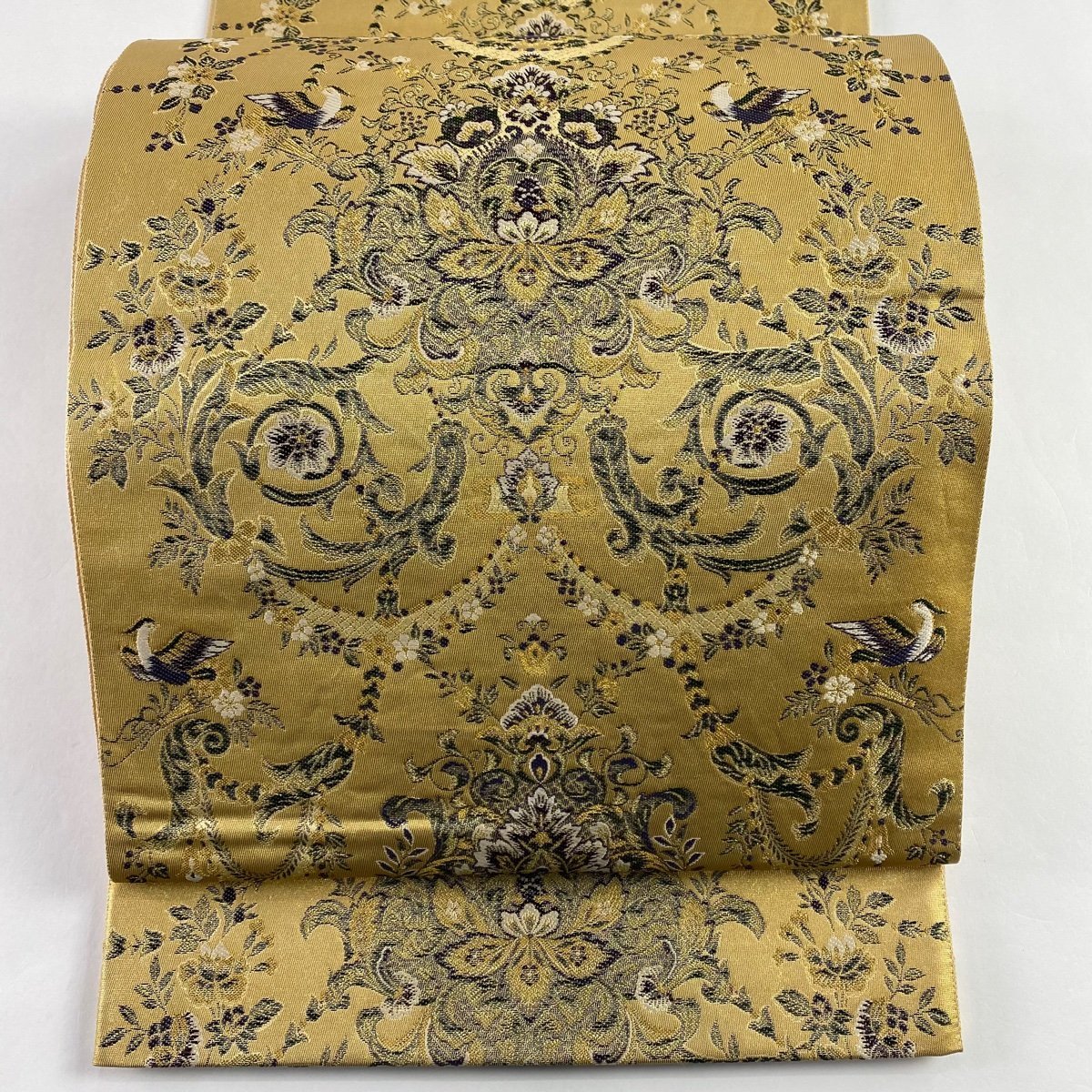 ☆年末年始特別セール！和竿 袋帯 美品 名品 連珠文 花鳥 金糸 箔 金色 六通 正絹 【中古】 袋帯