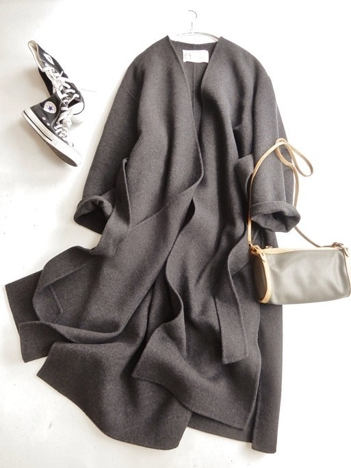 イエナ IENA イタリア老舗生地メーカーMANTECO社製上質ウール100%♪ゆったりオーバーサイズノーカラーウエストリボンガウンリバーコート♪