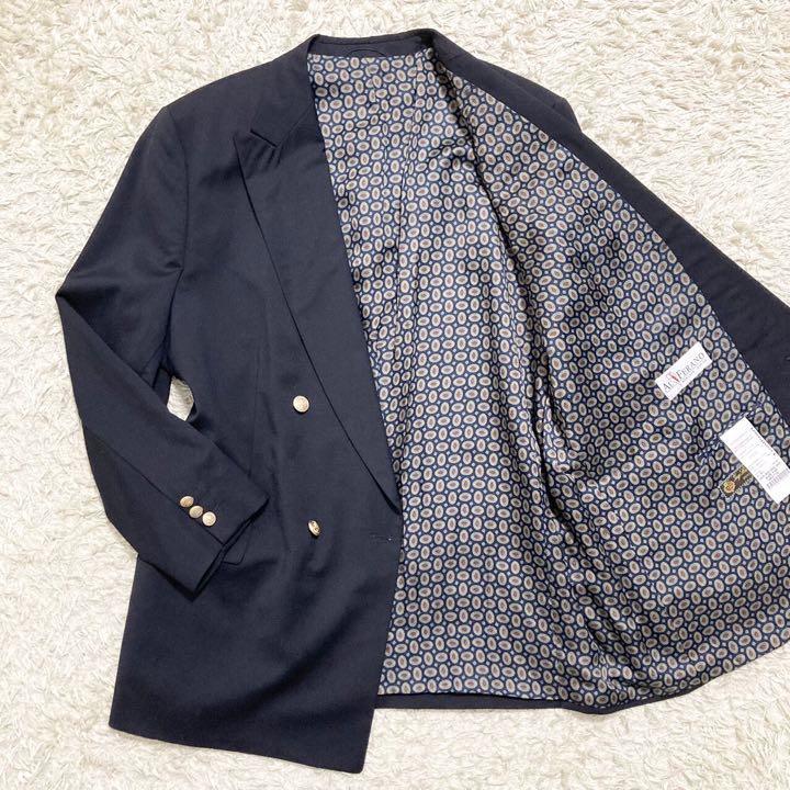 【希少サイズ ロロピアーナ】Loro Piana テーラードジャケット L 金ボタン ダブル 裏地総柄 ブラック 黒 Super100's 総裏 ノーベント