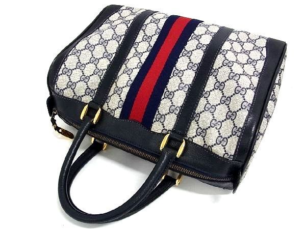 GUCCI GG Supreme Sherry Line Bag PVC 2way Navy Red gold 002