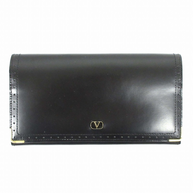 ヴァレンティノ ガラヴァーニ VALENTINO GARAVANI レザー 長財布 ロングウォレット 小銭入れ ロゴ ゴールド 金具 黒 ブラック♪１